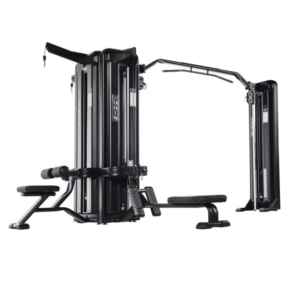 5  station  pulley  cross  over.  With  the  two  pulleys  joined  with  chin  bar.  Comprises:  Pulley cross  over,  one  low  pulley  seat,  one  high  pulley  seat,  Biceps  and  Triceps  (without  hand grips) 80+100+100+80+80 k"