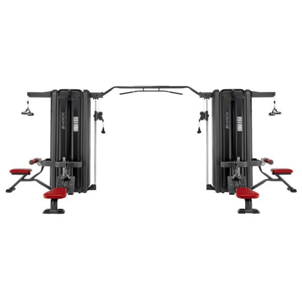 6 Station pulley cross over. With the two pulleys joined with chin bar.  100 + 100 + 80 + 100 + 100 + 80 K. Comprises: High pulley seat, low pulley seat, Pull up/dipping machine, Seated row Machine, Biceps and triceps (without hand holds or grips)"