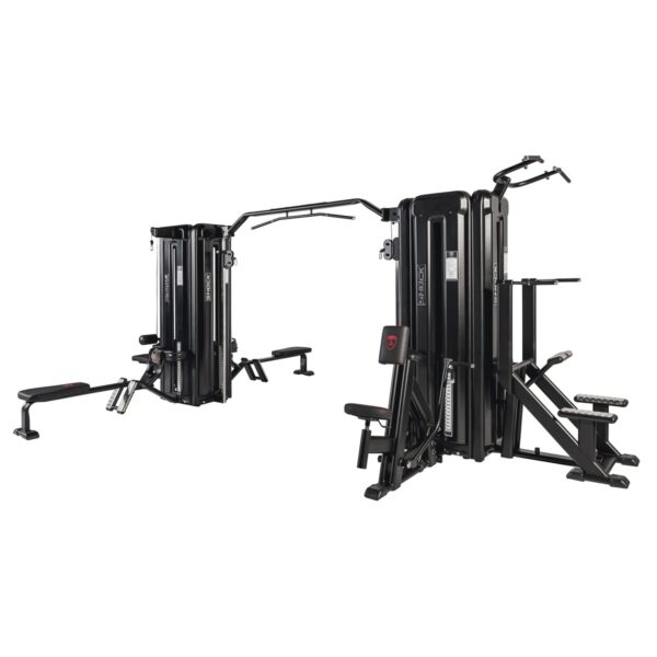 8 Station Pulley cross over With the two pulleys joined with chin bar 100 + 100 + 80 + 80 + 100 + 100 + 80 + 90 K. Comprises: High pulley seat, low pulley seat, biceps and triceps, Pull up/dipping machine, seated row machine (without hand holds or grips)"