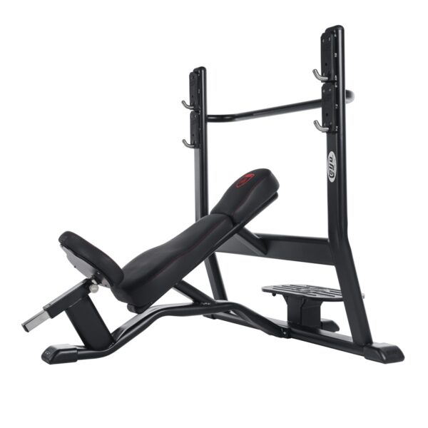 Olympic Incline Press bench. Aid platform and safety catch for the bars